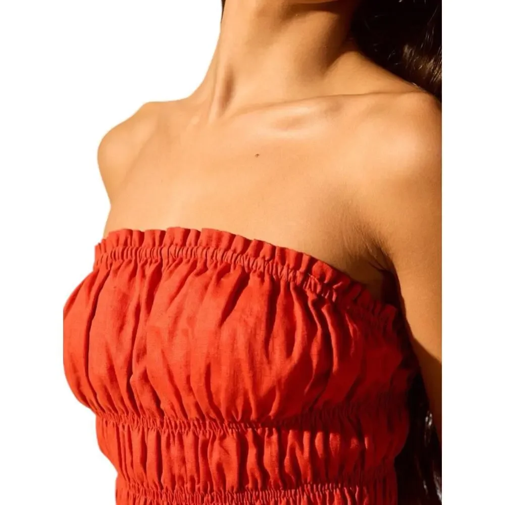 Gillia Red Linen Mini Dress Spaghetti Strap Convertible Strapless Shirred Waist - Picture 2 of 10